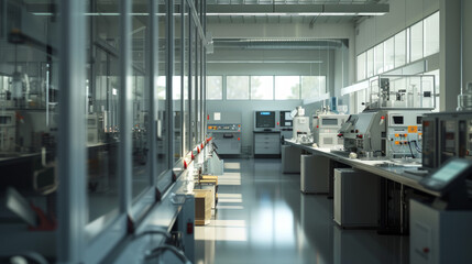 A packaging material testing laboratory with testing machines and quality control equipment, temporarily quiet but ready to ensure the strength and integrity of packaging materials