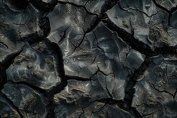 Dry cracked rough black soil surface texture background, arid land abstract closeup photo