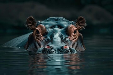 Majestic hippo submerged in tranquil waters, close-up portrait exuding serenity and power, wildlife photography