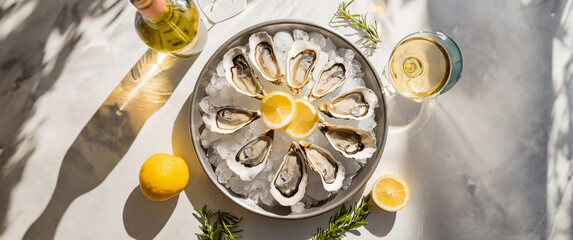 A high angle, wide landscape center justified photo of beautifully prepared raw oysters on the half shell, served on ice with white wine and Lemons on a carrara marble table surface - natural lighting - obrazy, fototapety, plakaty