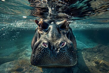 Majestic hippo submerged in tranquil waters, close-up portrait exuding serenity and power, wildlife photography - obrazy, fototapety, plakaty