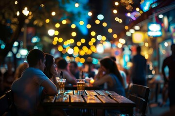 Bokeh lights illuminating lively street bar scene, people enjoying dinner and music together, vibrant urban nightlife - obrazy, fototapety, plakaty