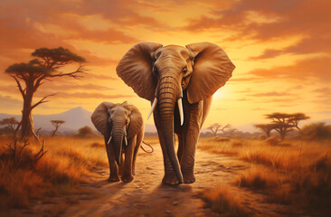 Fototapeta na wymiar Twilight Procession of Elephants