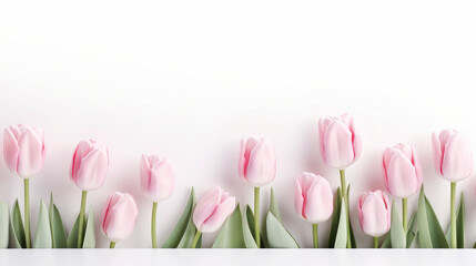 Spring flowers and blossoms, isolated on white background, edge with rose white tulips blossoms, with space for text and design	