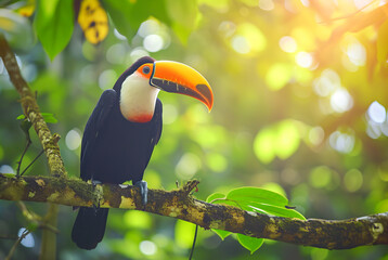 Fototapeta premium Toucan Toco Ramphastos stump on the branch of a tree in the forest
