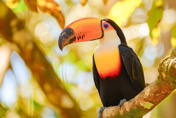 Naklejka premium Toucan Toco Ramphastos stump on the branch of a tree in the forest