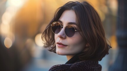 Outdoor portrait of a Caucasian woman with short brown hair wearing sunglasses, blurred background