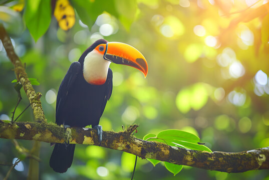 Toucan Toco Ramphastos stump on the branch of a tree in the forest