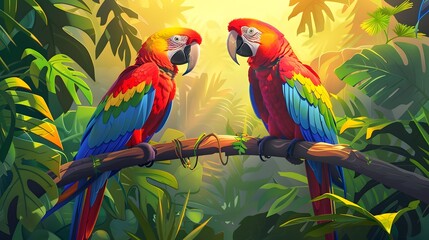 two macaws and a parot on tree branches in the jungle at sunrise - colorful parrots - rainforest beauty illustration