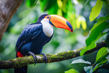 Naklejka premium Toucan Toco Ramphastos stump on the branch of a tree in the forest