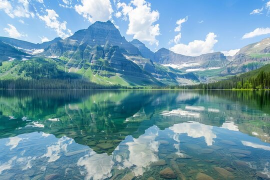 Breathtaking mountain landscape reflected in crystal-clear lake, awe-inspiring natural beauty captured in stunning photograph
