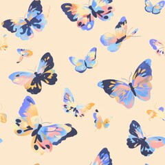 Fototapeta na wymiar Seamless pattern of butterflies with pastel holographic colors