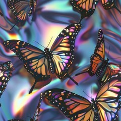 Seamless pattern of monarch butterflies with holographic iridescent colors