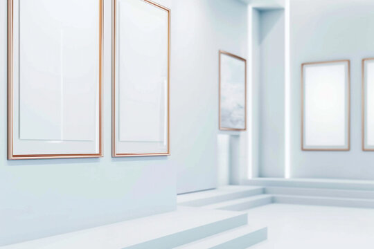 An elegant white gallery space with walls of a soft powder blue, featuring empty copper frame mock-up posters. 