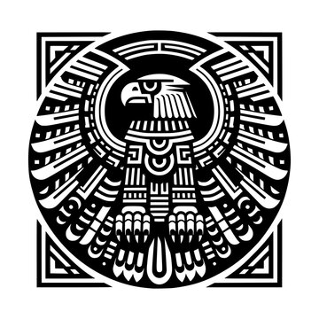 ancient maya tribe pattern animal of eagle falcon bird black outline vector illustration