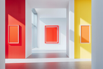 An ultramodern art gallery interior with walls of pure white, hosting three distinct mock-up posters. The first is framed in an intense red, drawing the eye with its vibrancy. 
