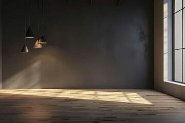 Minimalist empty room with dramatic chiaroscuro lighting and wooden floor, perfect for showcasing products or designs