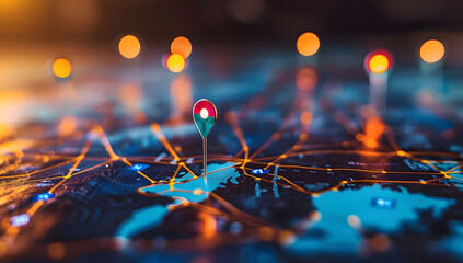 A digital map featuring interconnected location pins, symbolizing global network connectivity and geographic information technology. Concept of global connections and geolocation maps for business.