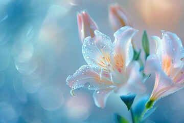 Zarte Lilien im Morgentau, ein Traum in Pastellblau in sanftem Licht mit ihrer natürlichen Schönheit 2 - obrazy, fototapety, plakaty