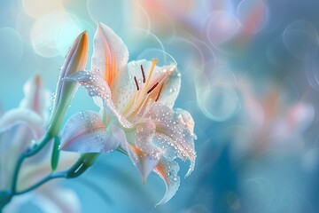 Zarte Lilien im Morgentau, ein Traum in Pastellblau in sanftem Licht mit ihrer natürlichen Schönheit 3 - obrazy, fototapety, plakaty