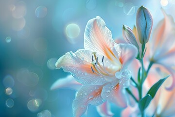 Zarte Lilien im Morgentau, ein Traum in Pastellblau in sanftem Licht mit ihrer natürlichen Schönheit 1