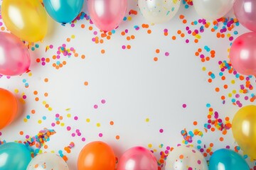 Charming frame decorated with colorful balloons and confetti.