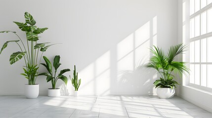White wall empty room with plants on a floor.