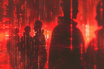 Faceless hackers shrouded in ominous red shadows, coding amidst abstract digital symbols, cybersecurity concept illustration - obrazy, fototapety, plakaty