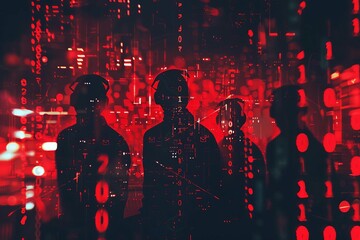 Faceless hackers shrouded in ominous red shadows, coding amidst abstract digital symbols, cybersecurity concept illustration - 778505516