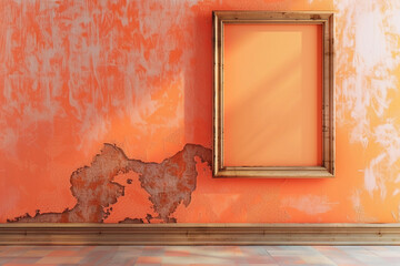 A gallery space with a soft orange wall, featuring a single empty frame. The frame's rustic orange...