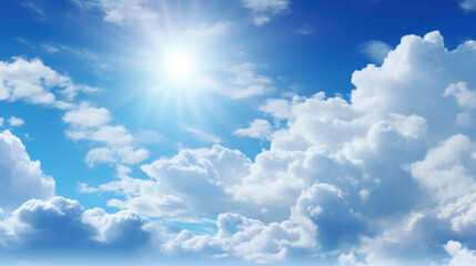 Naklejka na ściany i meble Closeup of cloudy sky with white clouds in blue heaven with shining sun