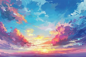 Fototapeta na wymiar Vibrant Sky with Fluffy Clouds and Pastel Horizon, Digital Painting