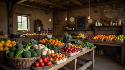 Organic Farm Produce Displayed in a Rustic Market Setting - obrazy, fototapety, plakaty