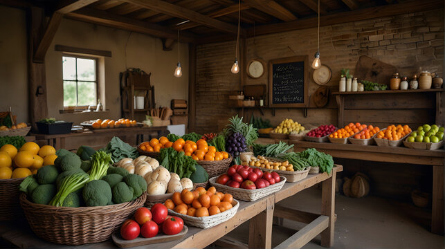 Organic Farm Produce Displayed in a Rustic Market Setting