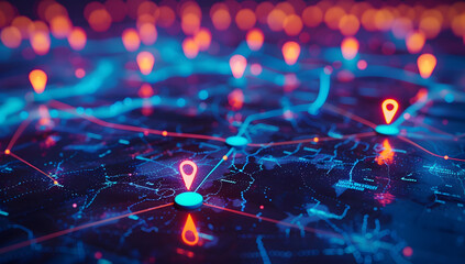 A digital map featuring interconnected location pins, symbolizing global network connectivity and geographic information technology. Concept of global connections and geolocation maps for business.