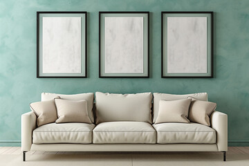 A serene and simple Scandinavian living room with an off-white sofa against a seafoam green wall. Above the sofa, three blank mock-up poster frames 