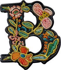 Intricate golden brown stitched embroidery patch of letter 'B' cut out on transparent background