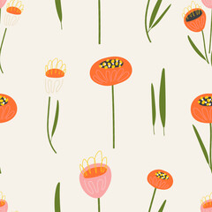 Cute poppy flowers. Seamless pattern for textile, fabric, paper print. Vector illustration in modern style.