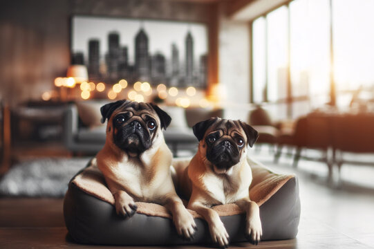 Pugs&rsquo; Cozy Corner: A Tale of Comfort and Charm. This image captures a heartwarming scene in a cozy apartment, where two adorable pugs have found their comfort zone in a plush dog bed.