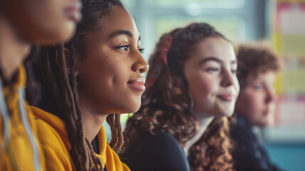 Diverse group of teenagers sitting in class, listening to the teacher explaining mental health importance.