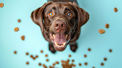 Excited Chocolate Labrador with Treats Falling Around, Eager Pet in Motion
