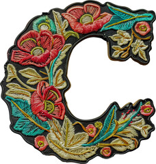 Detailed embroidery patch of the letter 'C' with golden edges cut out on transparent background