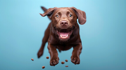 Joyful Chocolate Labrador Catching Treats, Playful Puppy Mid-Air Moment