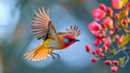 Vibrant Bird in Dynamic Flight Among Blossoming Flowers, Nature's Symphony