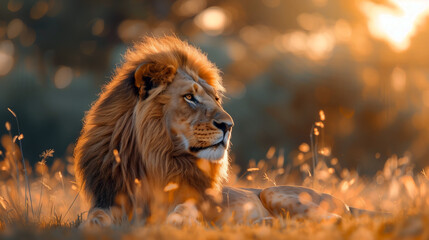 Regal Lion Basking in Golden Sunset Light, King of the Savannah at Rest