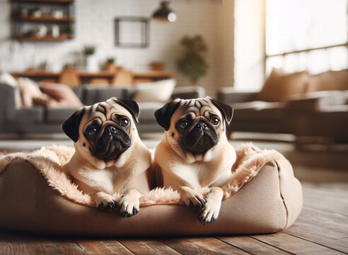 Pugs&rsquo; Cozy Corner: A Tale of Comfort and Charm. This image captures a heartwarming scene in a cozy apartment, where two adorable pugs have found their comfort zone in a plush dog bed.