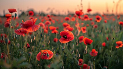 Obraz premium poppy field at sunset close-up