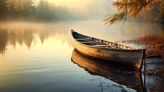 A lone canoe rests on the sandy shore, framed by a serene lake and a tranquil backdrop of nature, An old wooden canoe on the glassy surface of a quiet lake, AI Generated