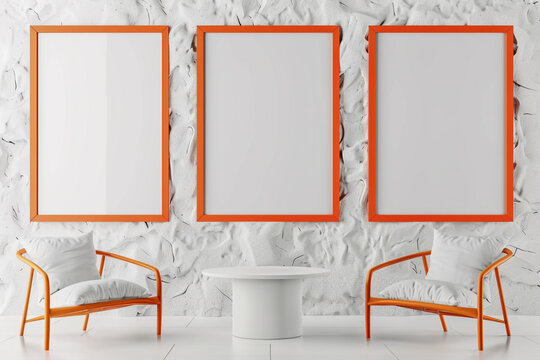 A white art gallery with a modern twist, featuring empty blank mock-up posters in bright orange frames.