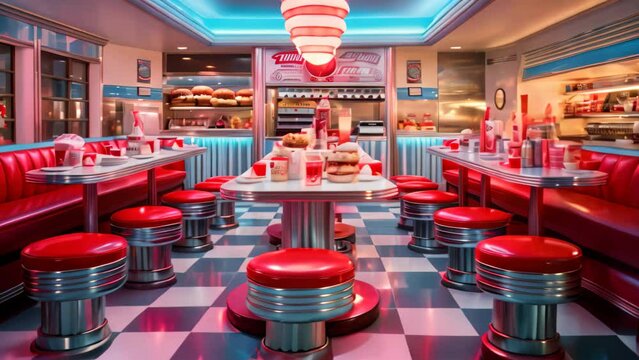 An inviting diner with a nostalgic touch, featuring a checkered floor and cozy red booths, An old-fashioned diner serving burgers and milkshakes, AI Generated